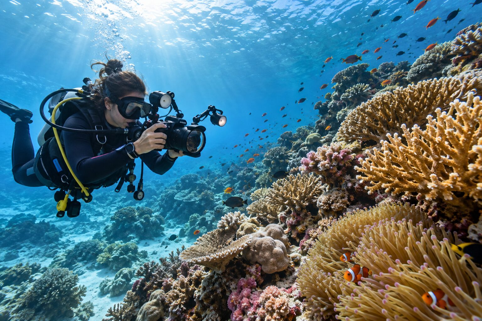 A scientist surveying a colorful coral reef with an underwater camera