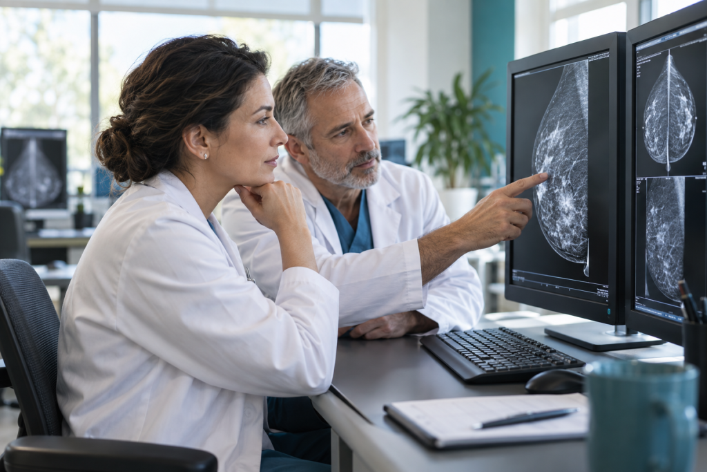 Two radiologists reviewing mammography images together.